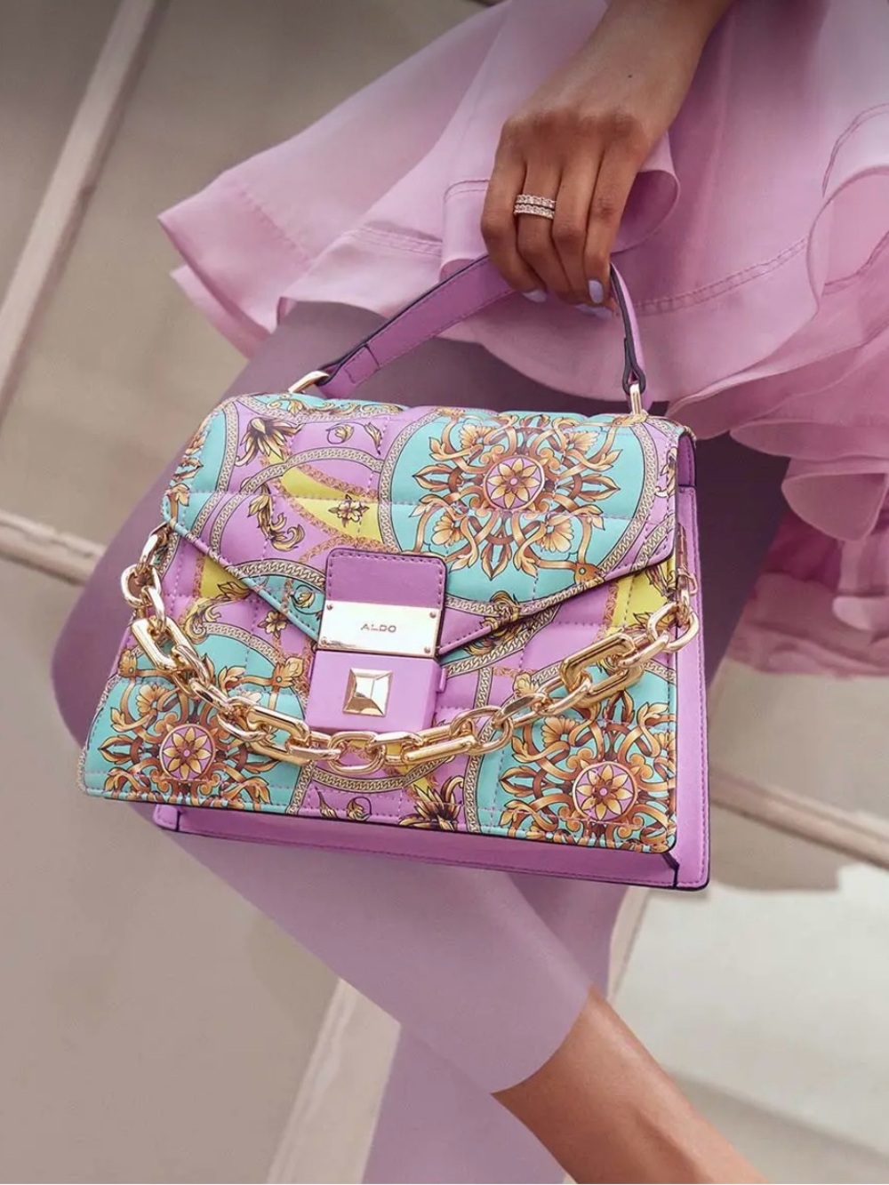 NWOT Pastel Floral Chain-Accent Top Handle Kamelia Bag by ALDO